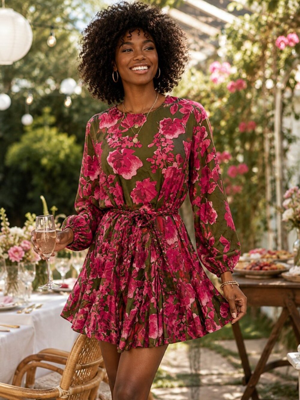 Olivaceous Floral Long Sleeve Mini Dress Size Small Pink Green Boho